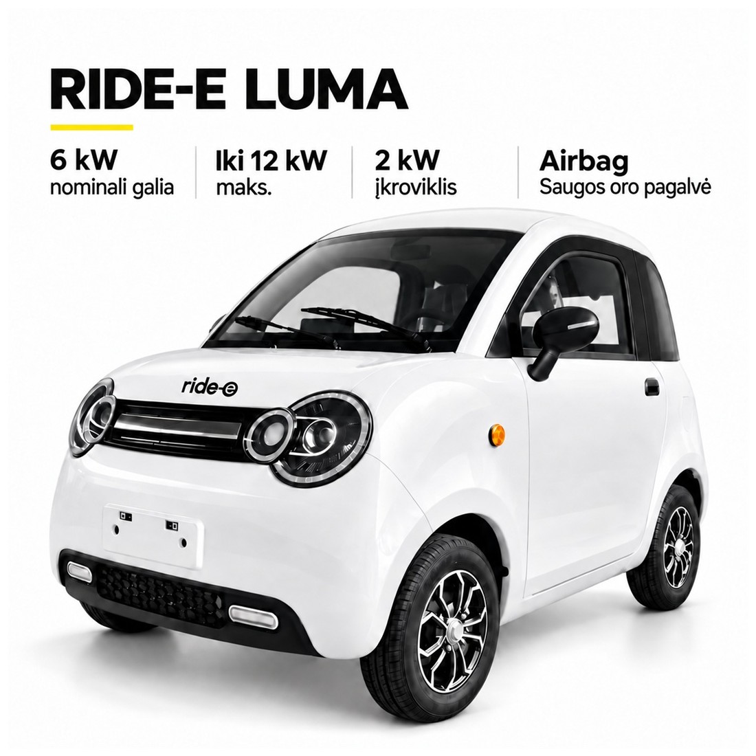 Elektrinis mini automobilis RIDE-E LUMA – balta spalva, baltas stogas