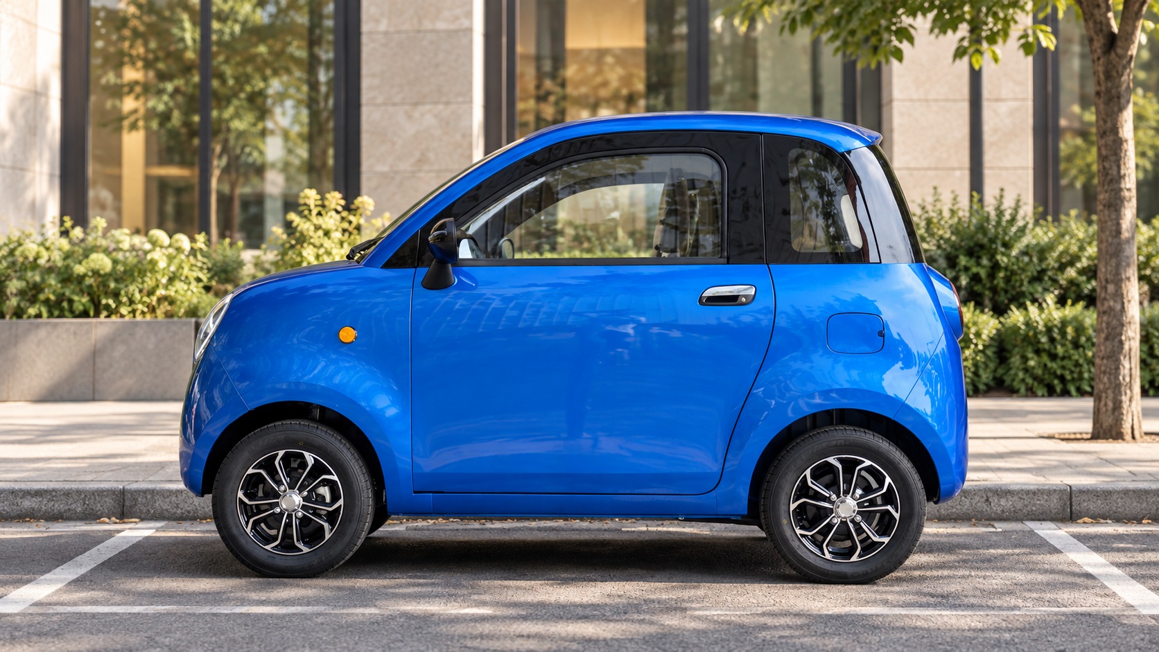 Kompaktiškas elektrinis automobilis RIDE-E LUMA mieste — vizualizacija