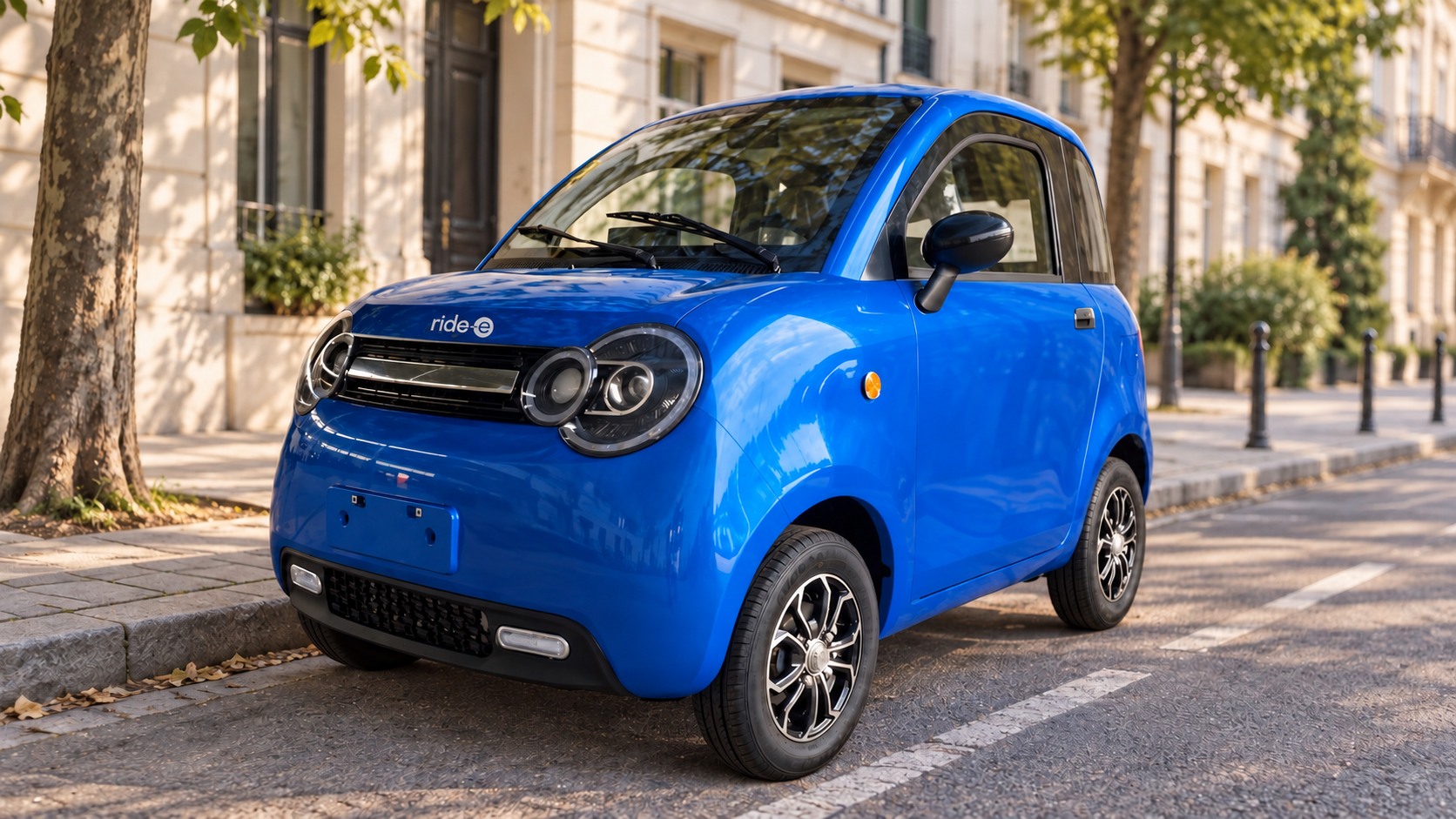 RIDE-E LUMA elektrinis mini automobilis miesto aplinkoje — vizualizacija
